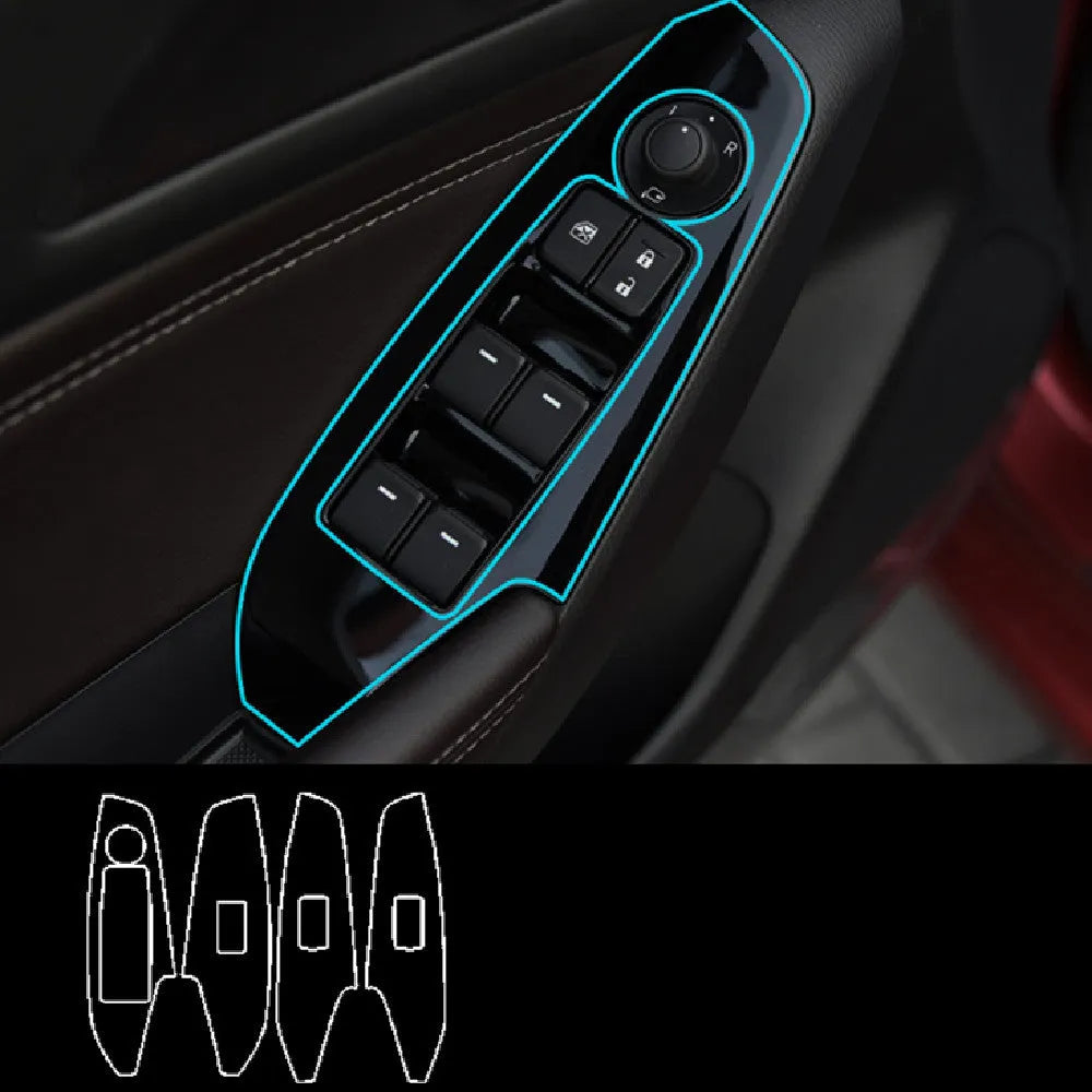 Four TPU protective films for car door control panels in transparent, carbon fibre black and matte black finishes
