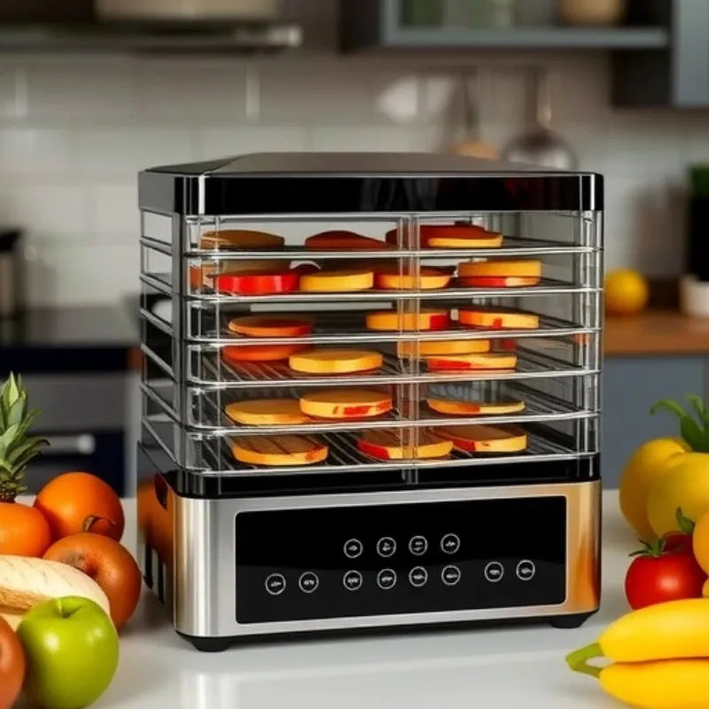 Silver stainless steel fruit dehydrator with 14-litre capacity and digital temperature display