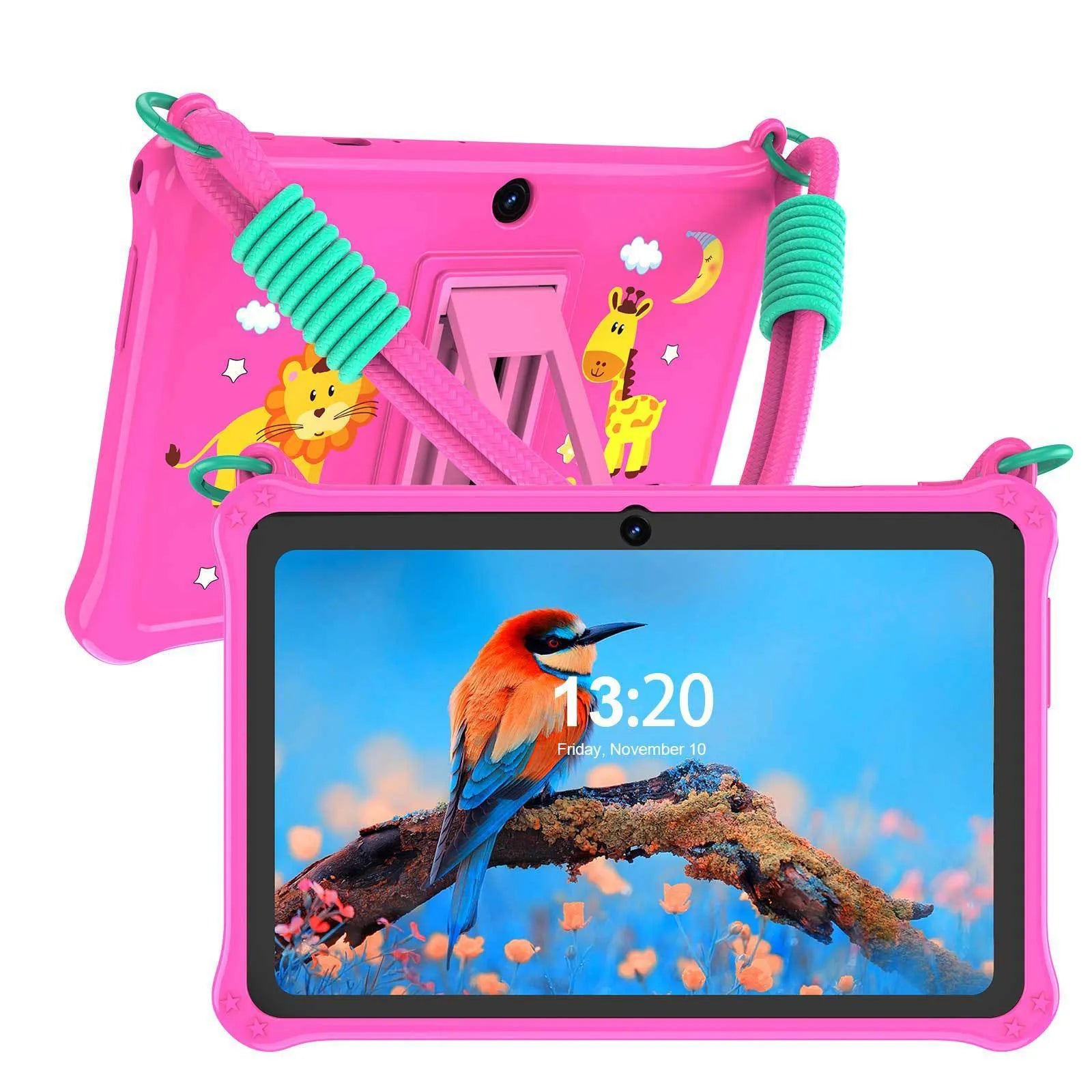 Sapphire blue silicone protective case for a 7-inch children's tablet, showing the integrated flat strap.