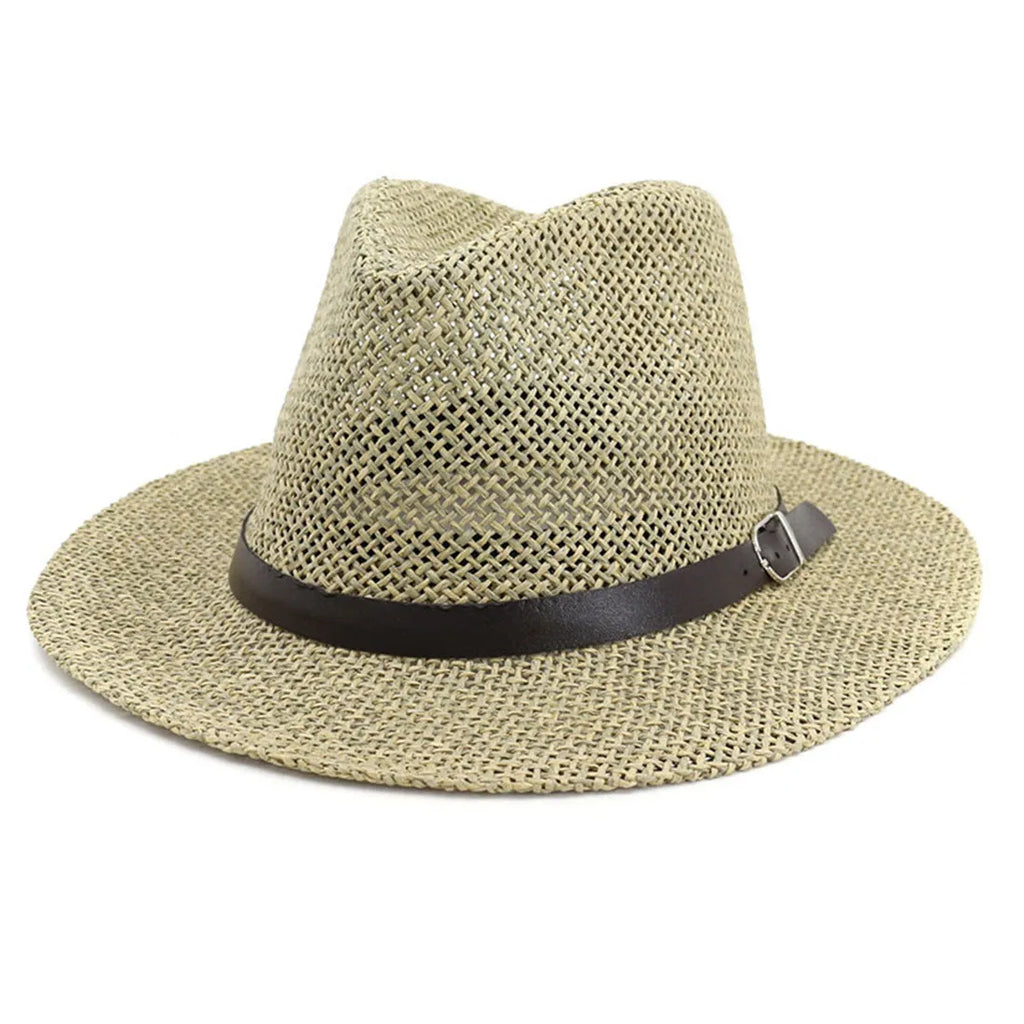 Khaki salty grass Panama sun hat with bell crown, size M 56-58cm, unisex summer beach hat