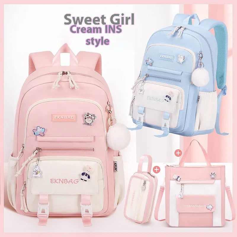 Girls waterproof Oxford cloth school backpack with curved shoulder straps and spine protection in solid colour options.
