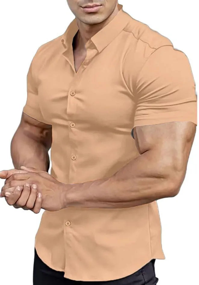 Man wearing a brown short sleeve printed casual shirt with a shirt collar.