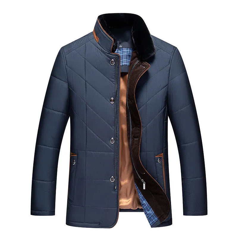Men's dark blue winter short coat with side pockets and cotton padding.