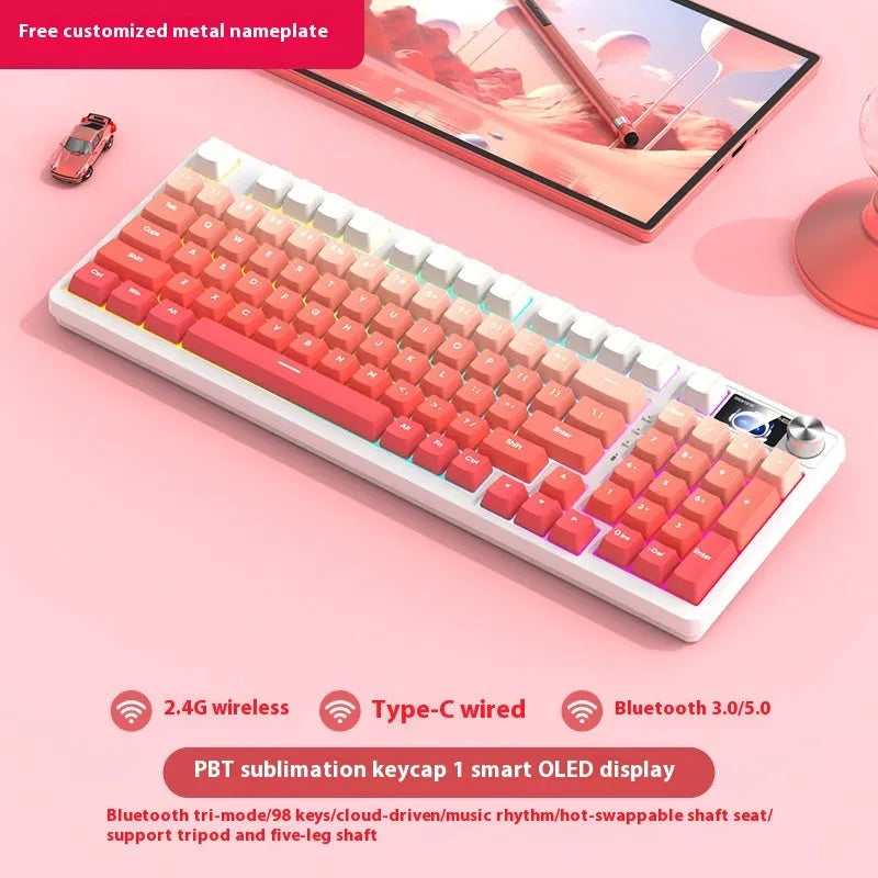 98-key wireless mechanical keyboard kit with metal control knob and optional display screen