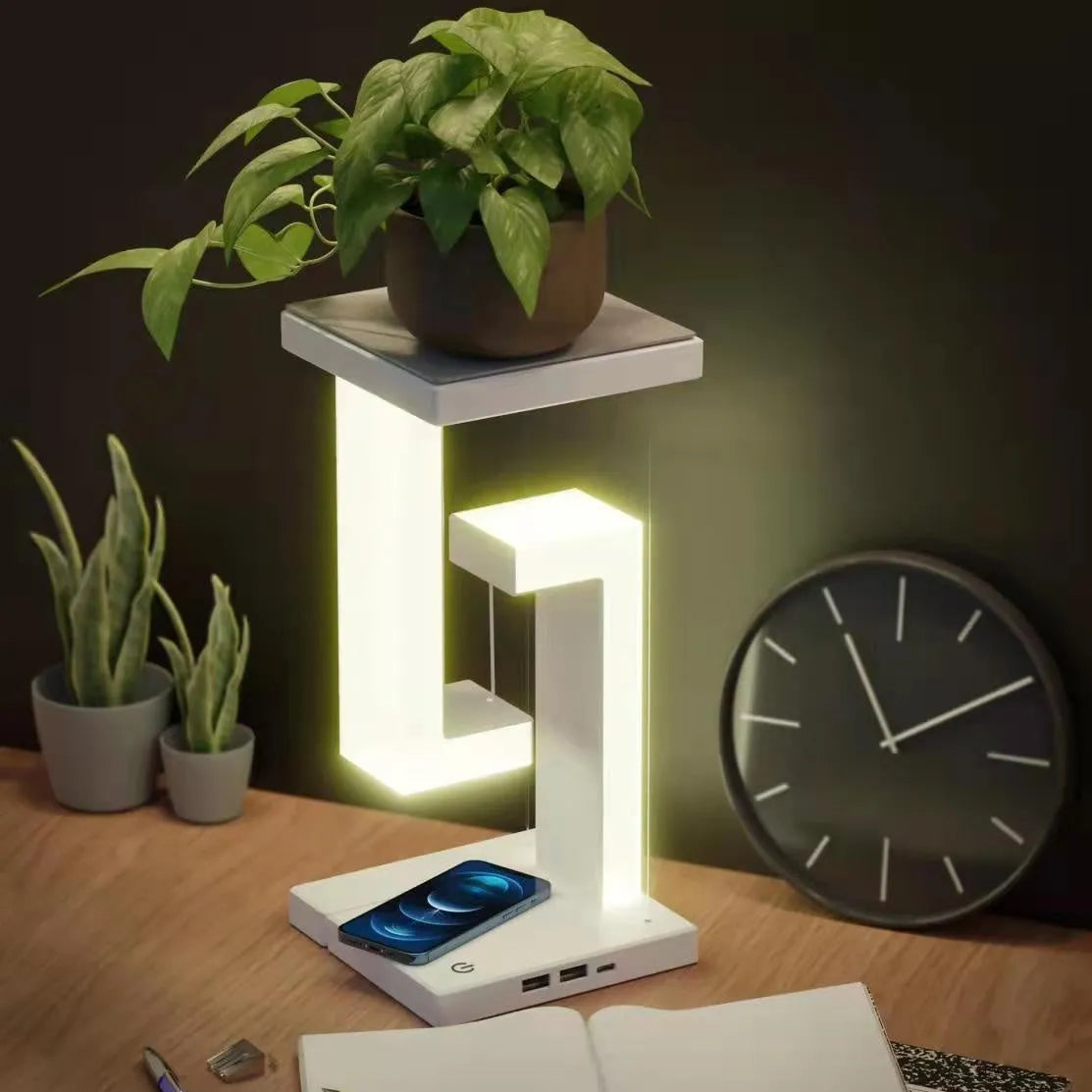 White magnetic suspension table lamp with wireless charging, touch switch, USB power, 12 x 12 x 22 cm, floating light design.
