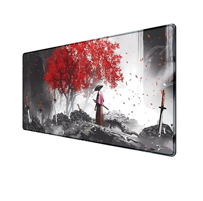Japanese samurai design cloth gaming mouse pad on a desk, showing non-slip base and custom artwork.