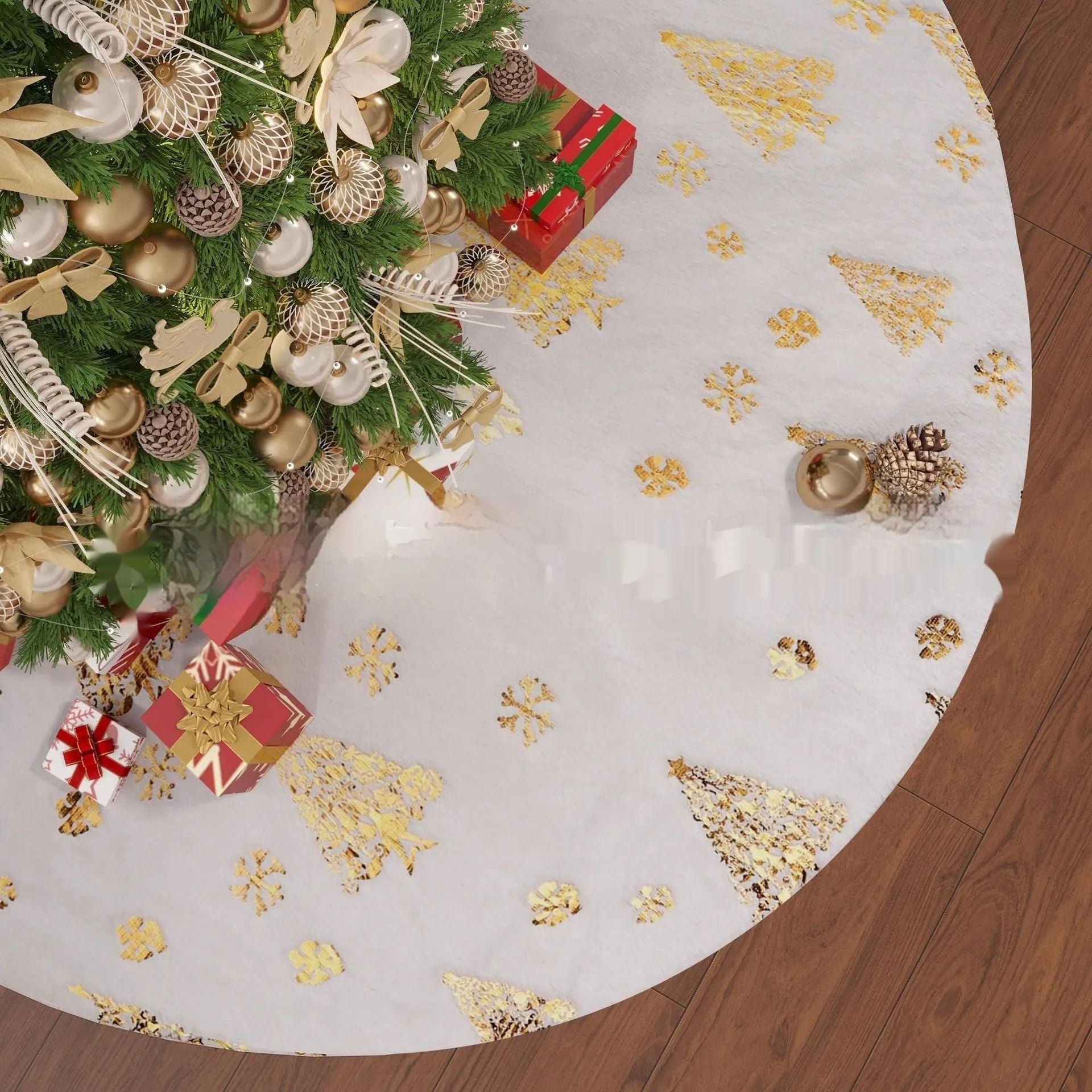 Gilding snowflake design on a plush Christmas tree style rug in multiple size options.