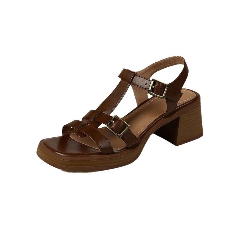 Women's black retro platform sandals with T-buckle fastening and chunky heel