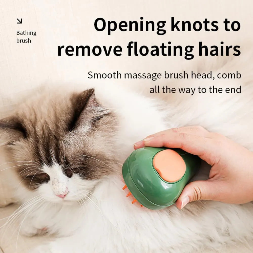 Green and white cat steam brush with water spray function and silicone grooming teeth