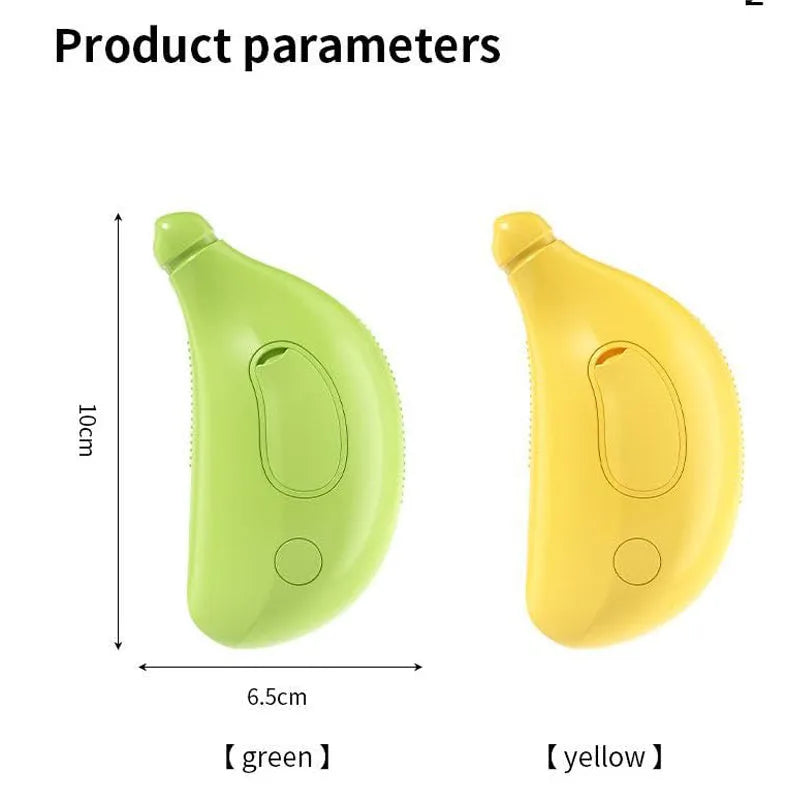 Rechargeable cat steam grooming brush with round teeth and cat paw ends in green or yellow colour
