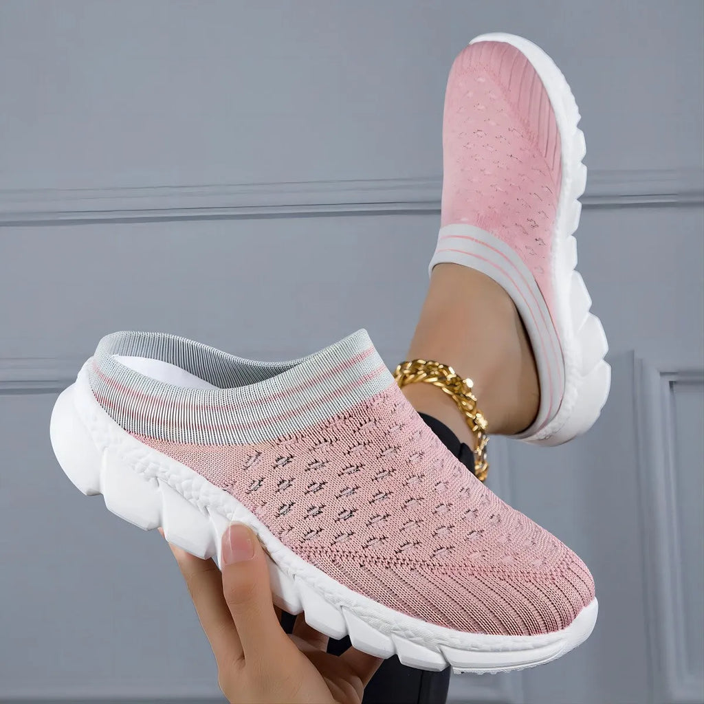 Women's Flyknit semi-slipper socks with striped pattern and height-increasing sole in black, pink and purple colours