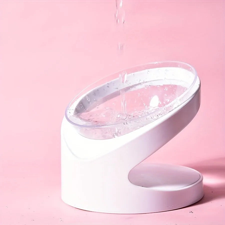 White elevated plastic cat food bowl with tilted design for anti-vomit feeding and neck protection