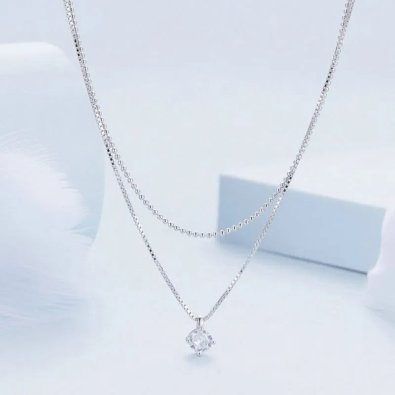 Women's silver double-layer necklace with S925 sterling silver pendant and pearl chain