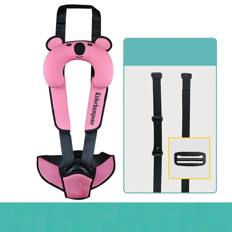 Portable child car booster seat with integrated safety belt in rose pink colour