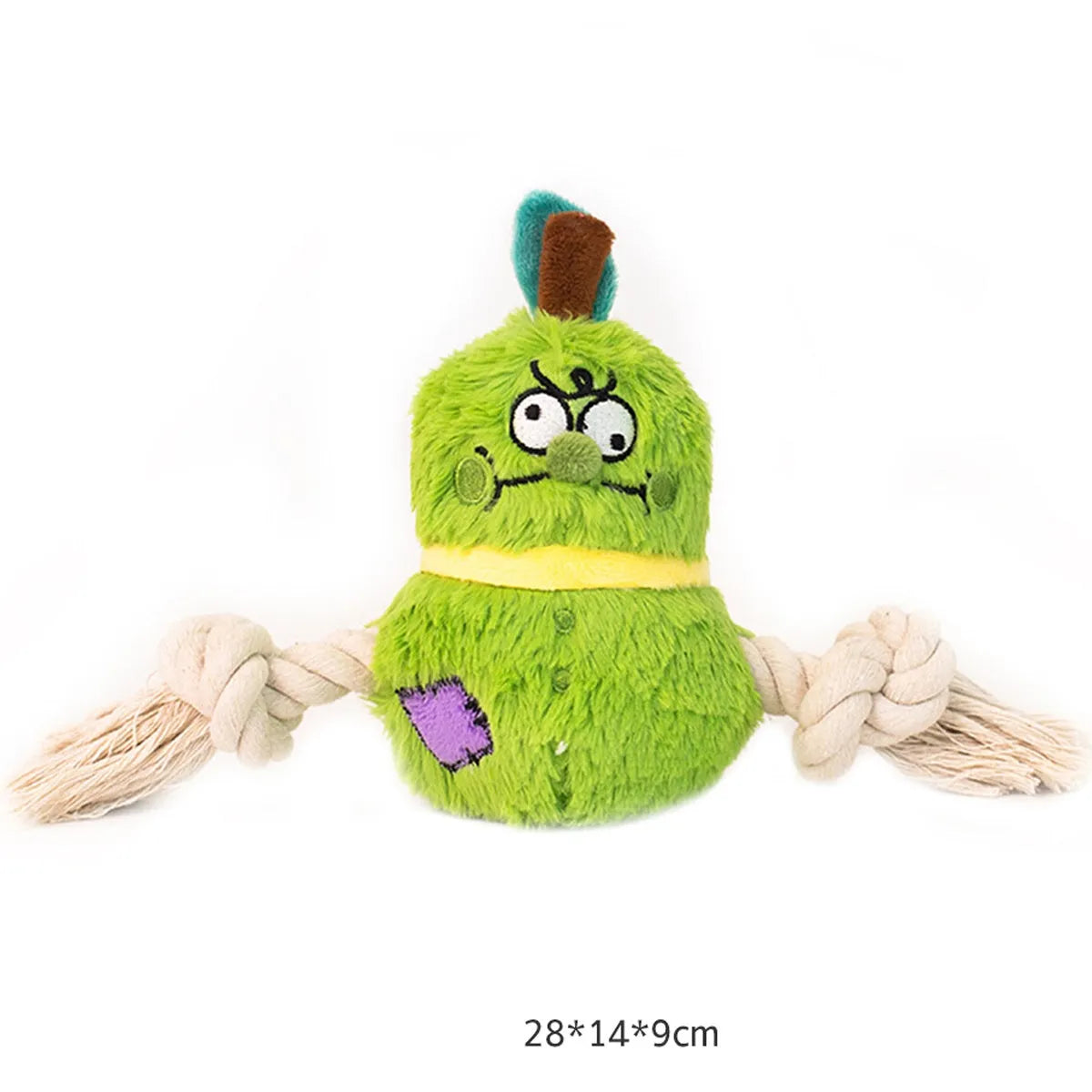 Green and purple plush rope knot dog toy with bite-resistant design for tug-of-war and tooth cleaning