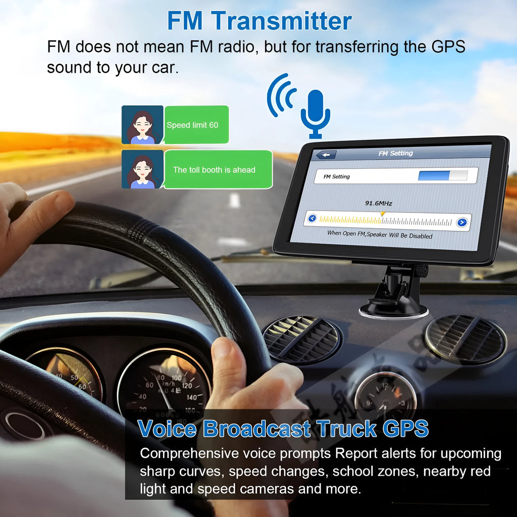 7-inch car GPS navigation device with touch screen display showing international maps