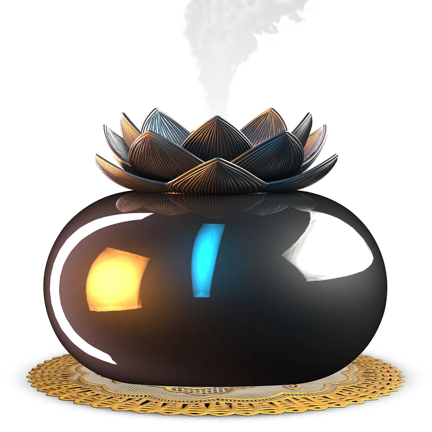 Pure black lotus-shaped ultrasonic humidifier with USB cable and ceramic construction