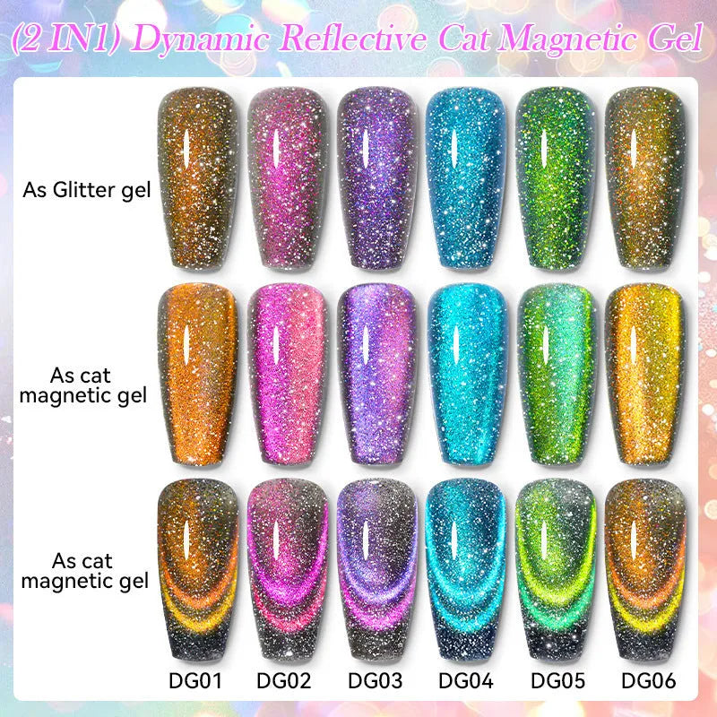 Cat eye series nail polish gel bottle showing diamond glitter fragments in one of six available colour options