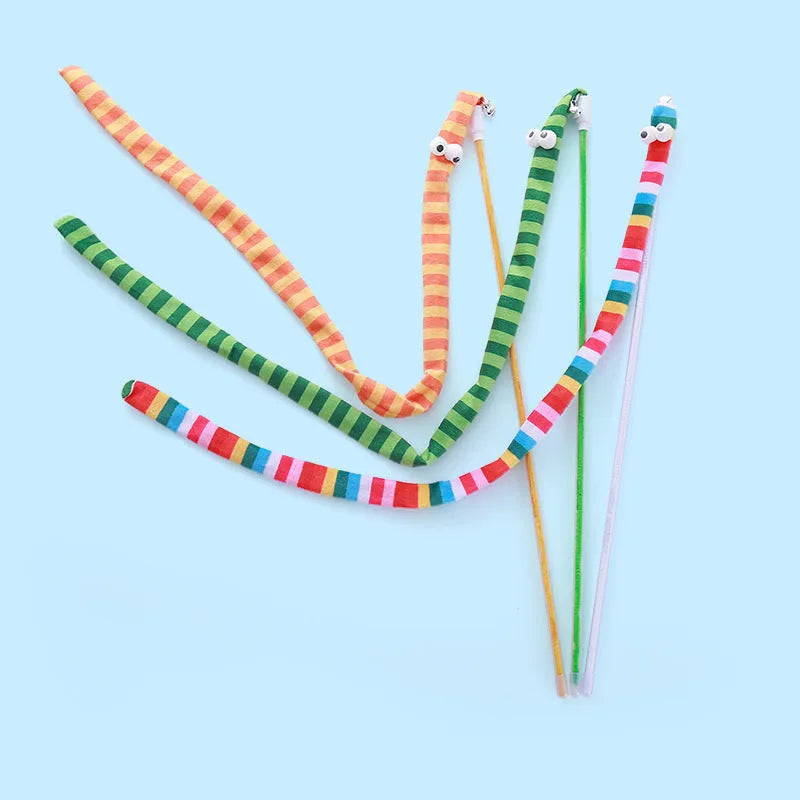 Colourful cat teaser wand toy with a long plush strip and polycarbonate pole