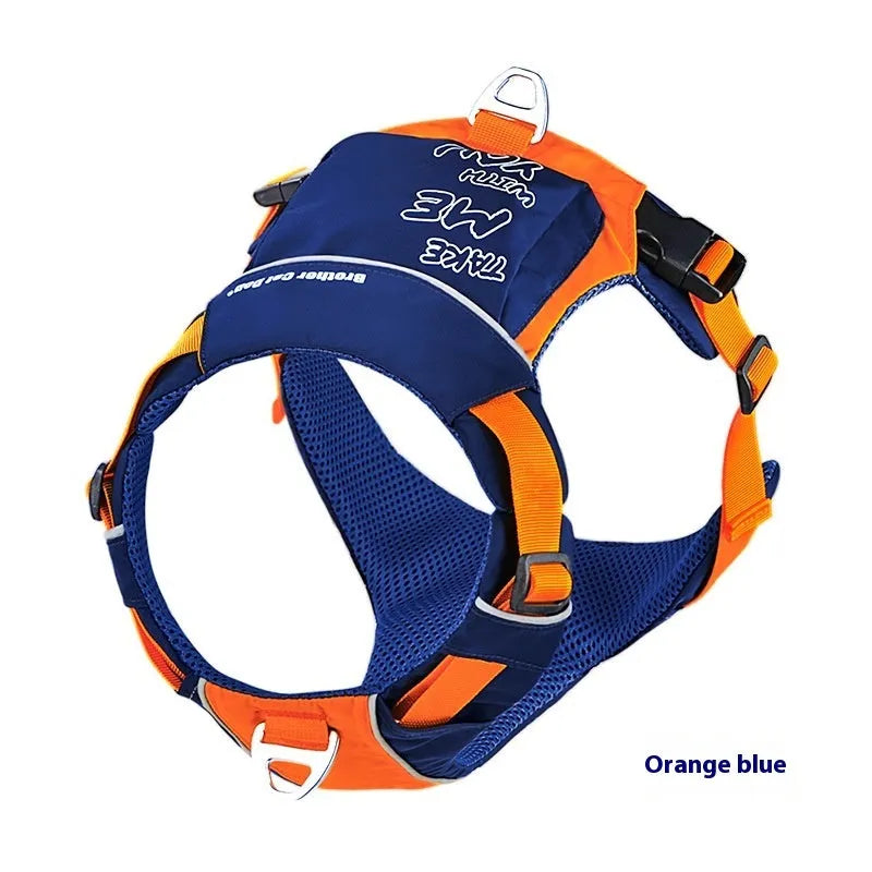 Orange blue adjustable nylon dog chest harness vest showing vest-style design with chest strap