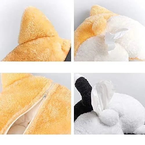 Yellow corgi butt-shaped soft pouch tissue box cover with elastic strap for car visor.