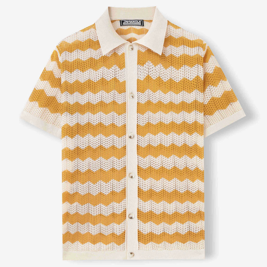 Yellow short sleeve sweater with hollow jacquard corrugated texture and flocking detailing on a hanger.