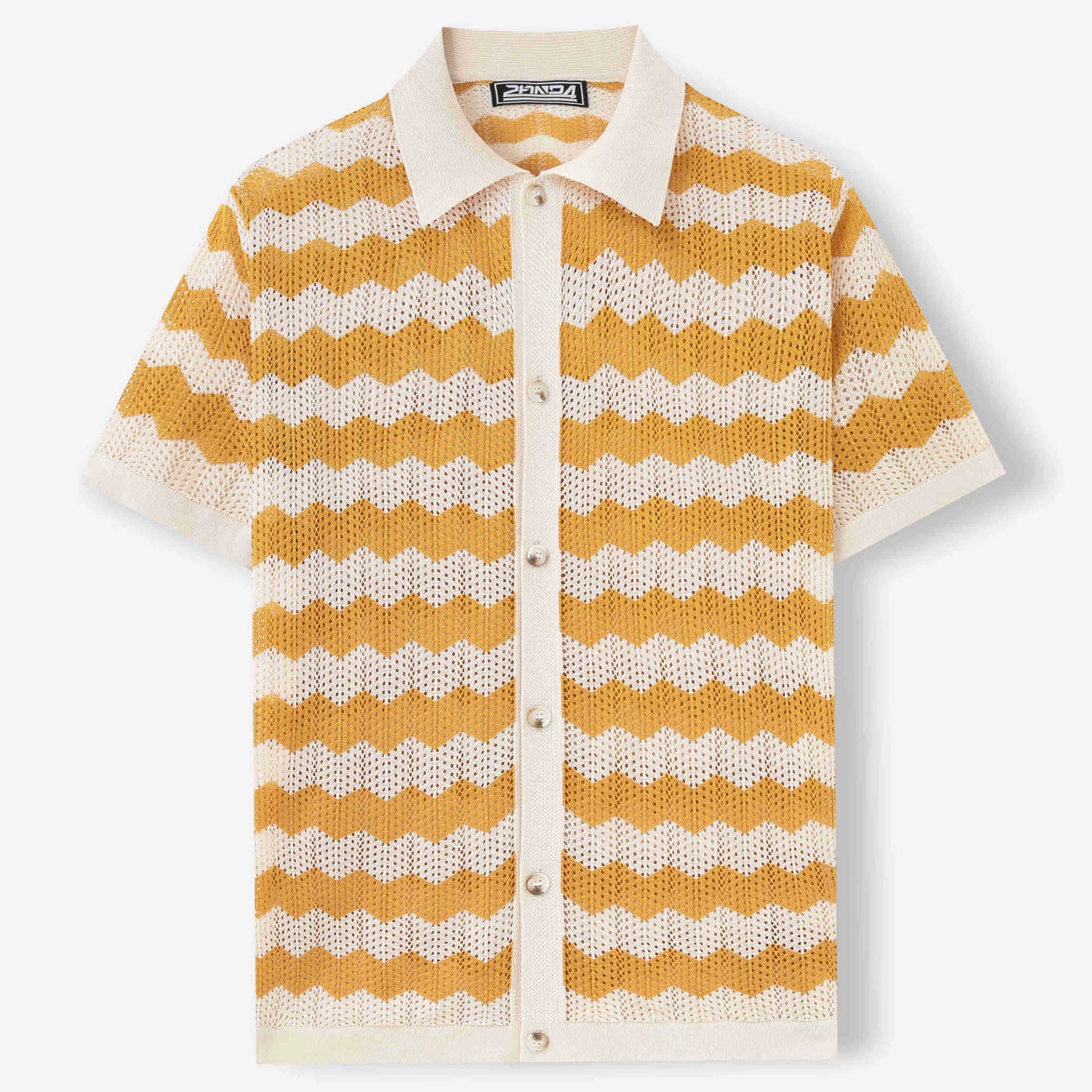 Yellow short sleeve sweater with hollow jacquard corrugated texture and flocking detailing on a hanger.