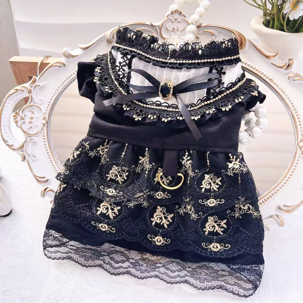 Golden gothic princess style skirt for a small dog or cat on a mannequin.