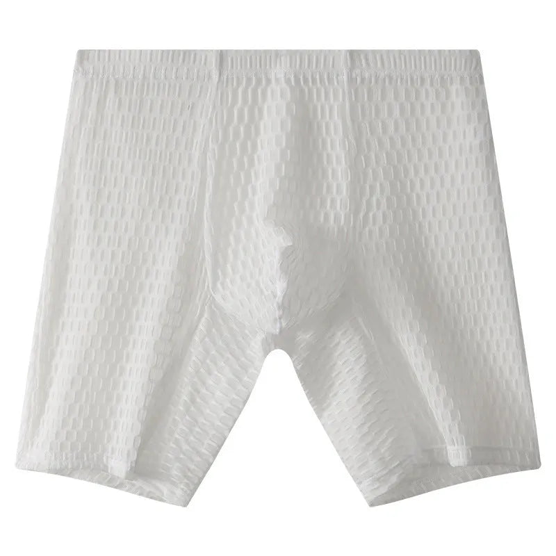 Men's white lace boxer shorts with lengthened legs and a mid-waist fit on a grey background.