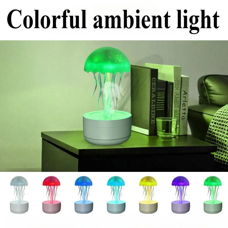 White jellyfish-shaped aroma diffuser and humidifier with glowing coloured LED light on a desk.