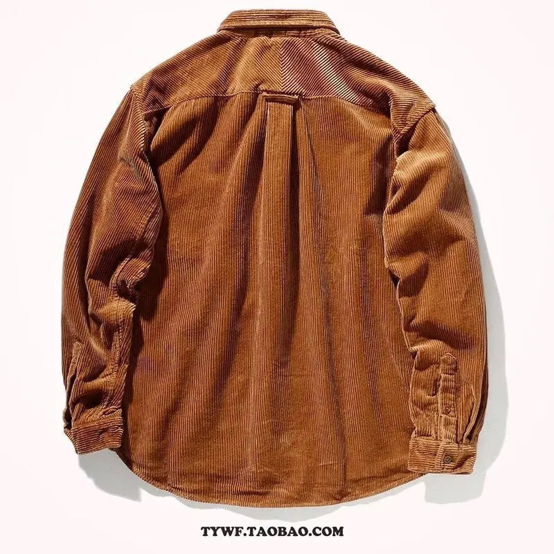 Long sleeve loose corduroy shirt in caramel colour with cardigan style front
