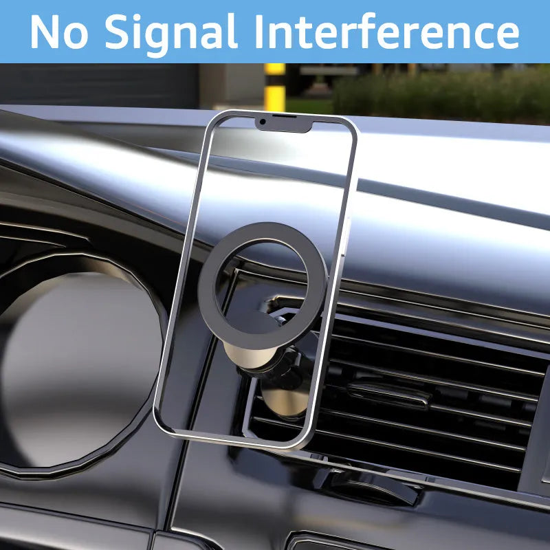 Black magnetic suction car air vent phone holder mounted on a vehicle vent.
