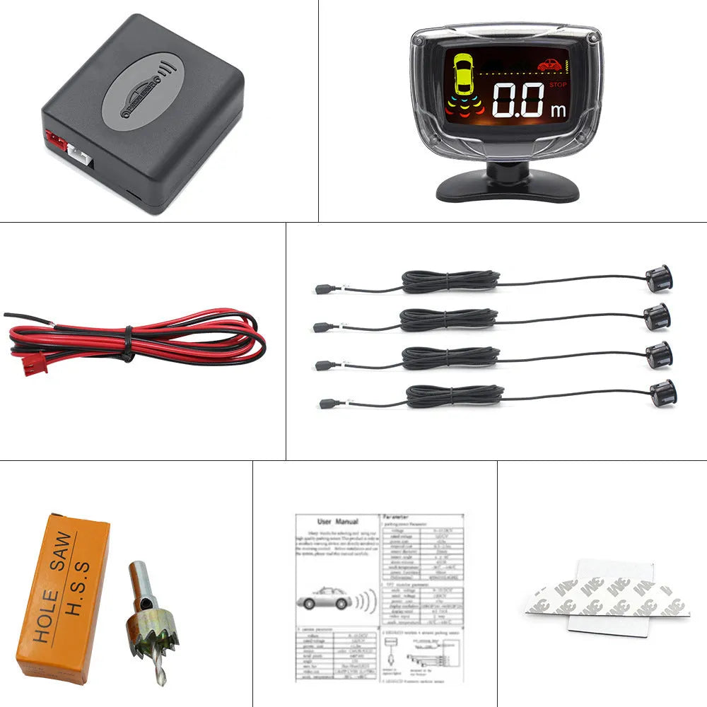 Wireless reversing sensor system with LED display and four ultrasonic probes for vehicle obstacle detection