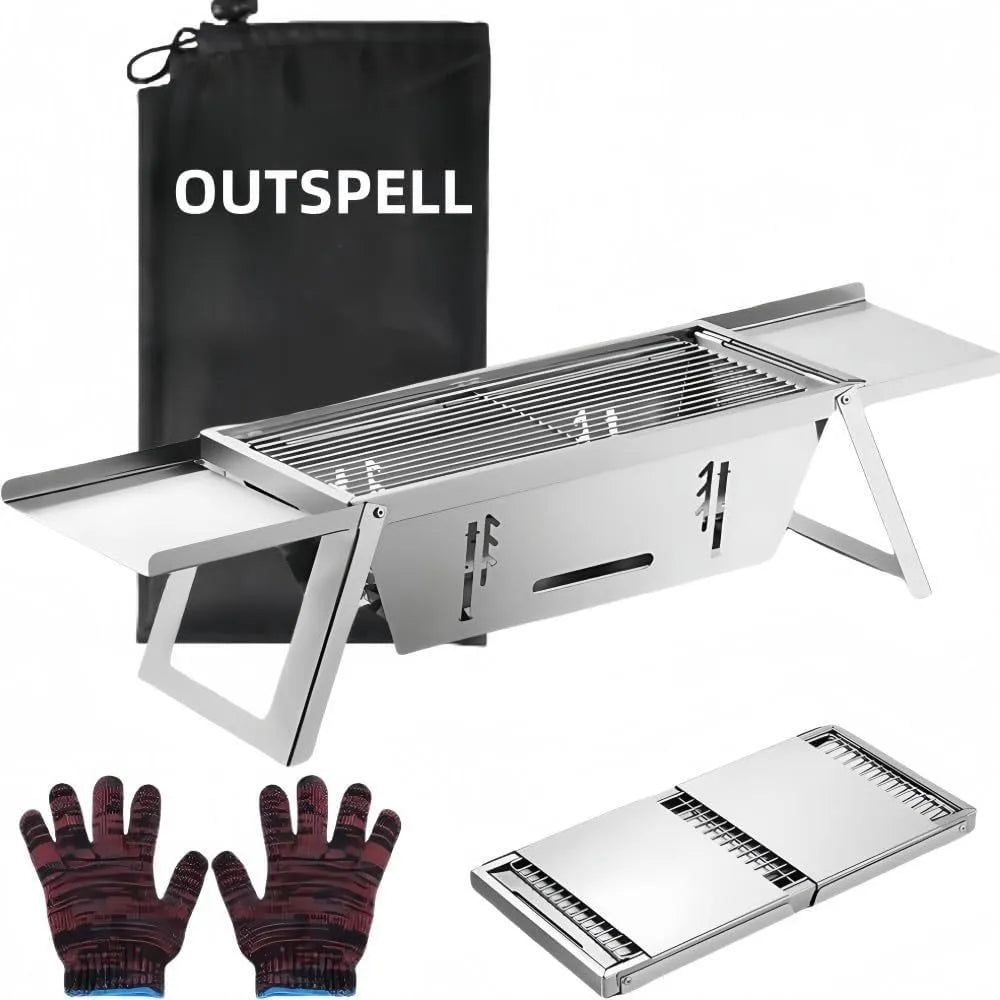 Small foldable steel charcoal grill shown in open cooking position and folded for storage.
