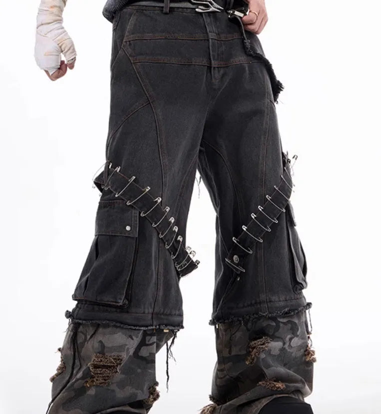 Men's grey jeans with camouflage splicing pattern and pin ribbon detailing