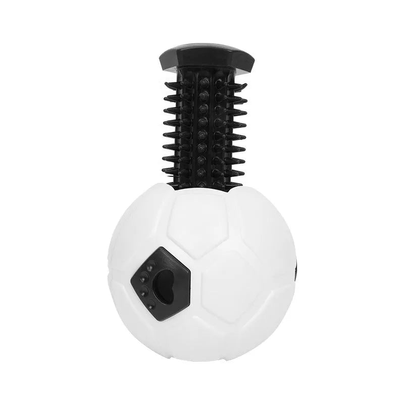 Orange and white TPR dog toy balls for chewing, one hollow and one with a teeth cleaning stick.