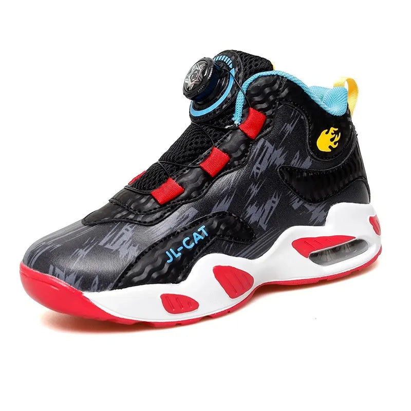 Children's rotating button basketball shoes in multiple colours with waterproof synthetic leather construction