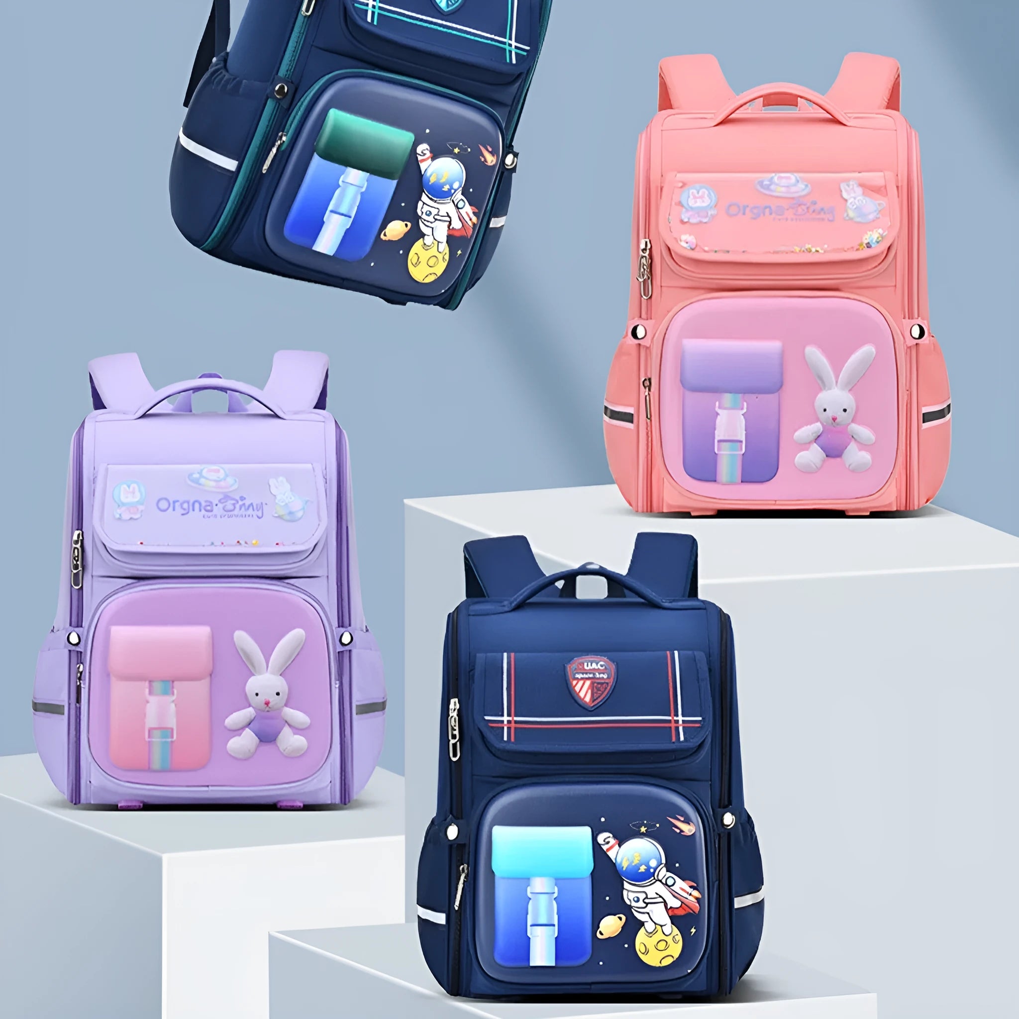 Children's cartoon backpack in Rabbit or Spaceman print with airpillow straps, shown in pink, purple, blue green, or blue red.