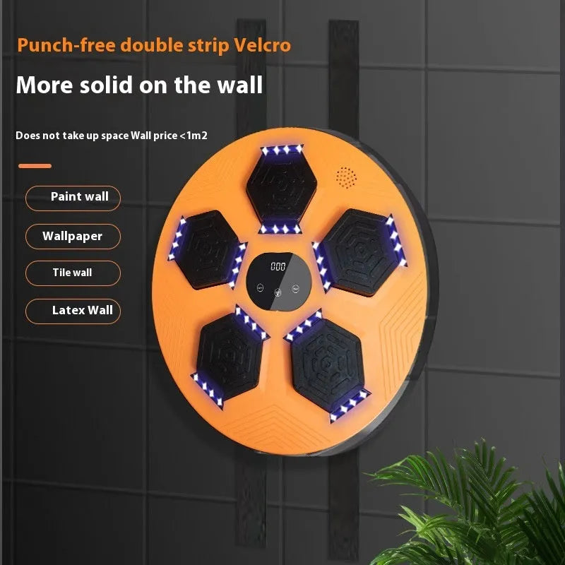 Smart music boxing reaction target hanging on wall with LED lights activated during training session