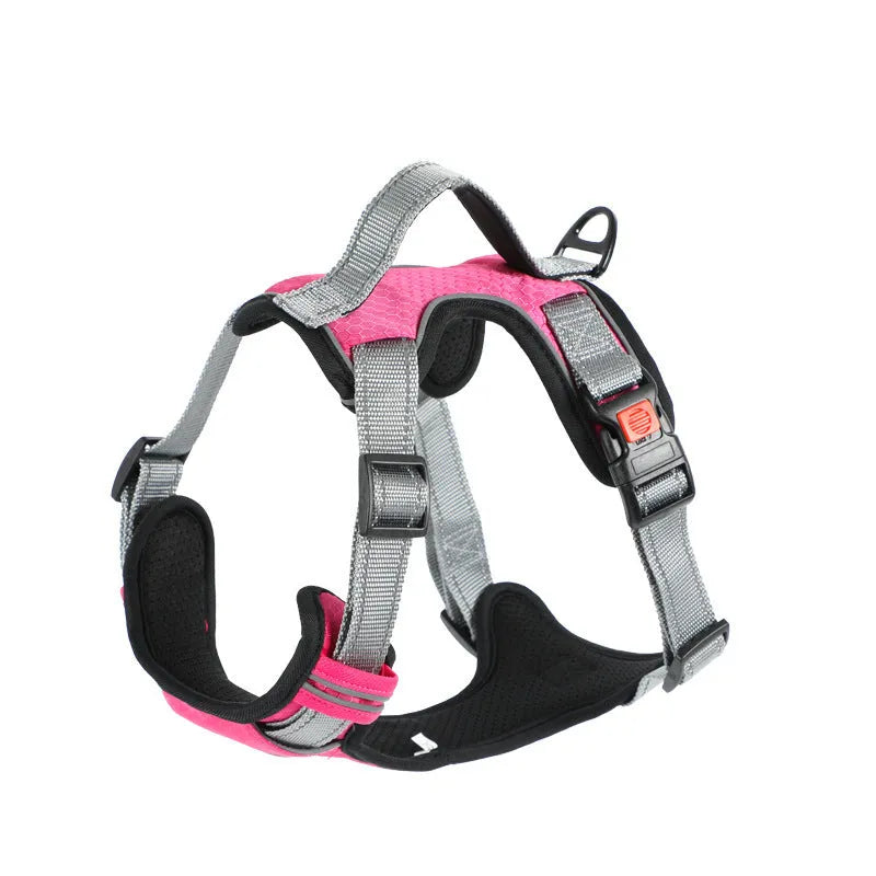 Adjustable polyester dog chest harness in multiple colours with optional hand-holding rope attached.