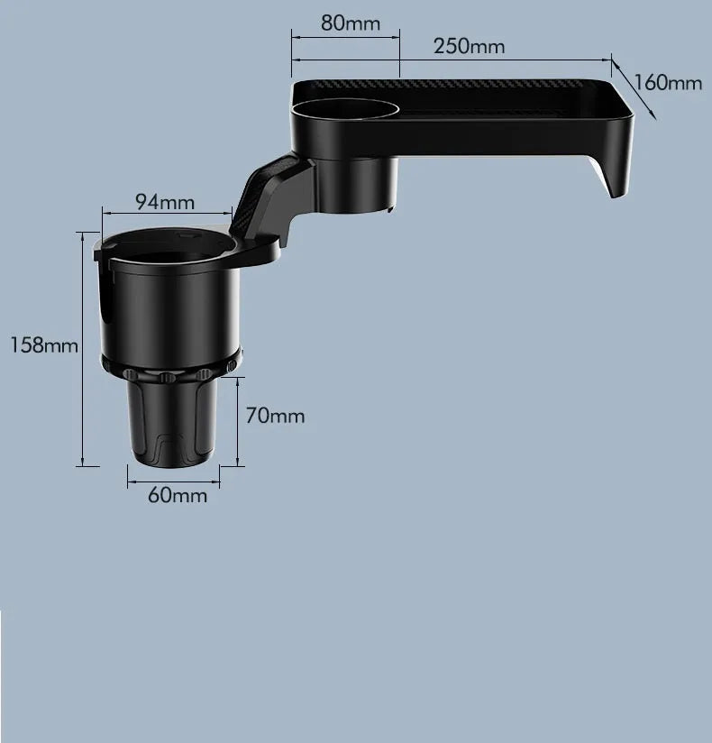 Black ABS car-mounted rotating tray with cup holder and dinner plate surface.