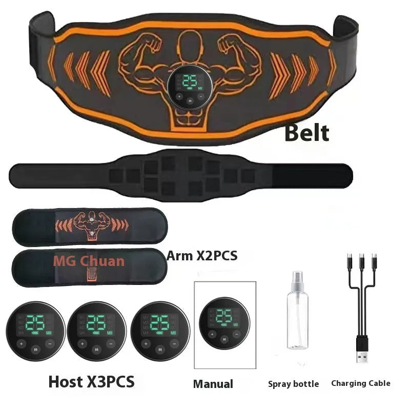 Smart EMS massage belt fitness equipment showing rechargeable host unit and adjustable belt