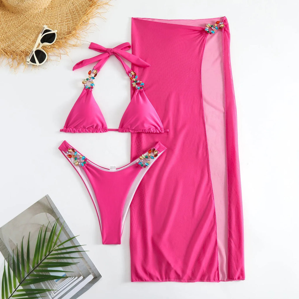 Light Diamond women's Rose Red three-piece swimsuit set with bikini top, pants, and long mesh skirt.