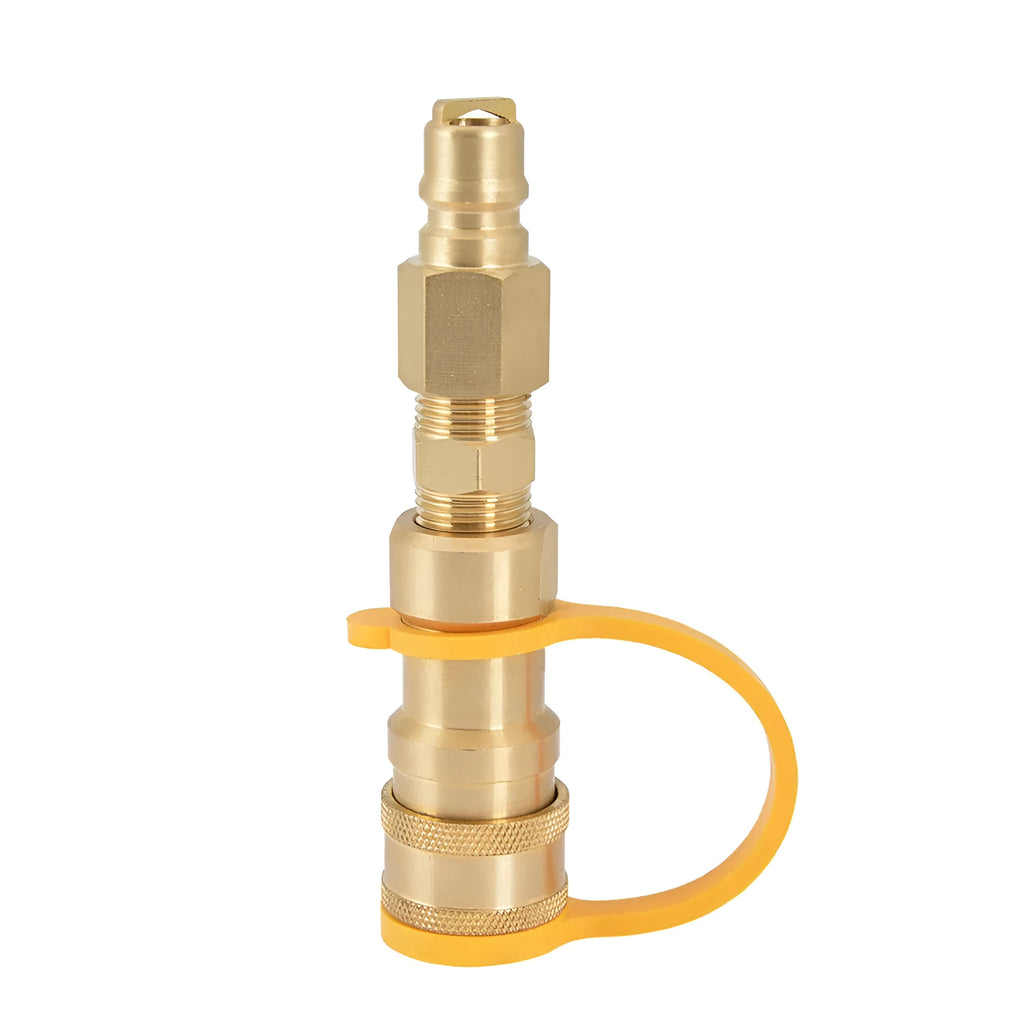 Gold brass 3/8 propane tank conversion charging connector with visible threads
