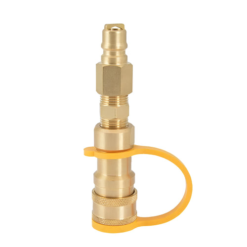 Gold brass 3/8 propane tank conversion charging connector with visible threads