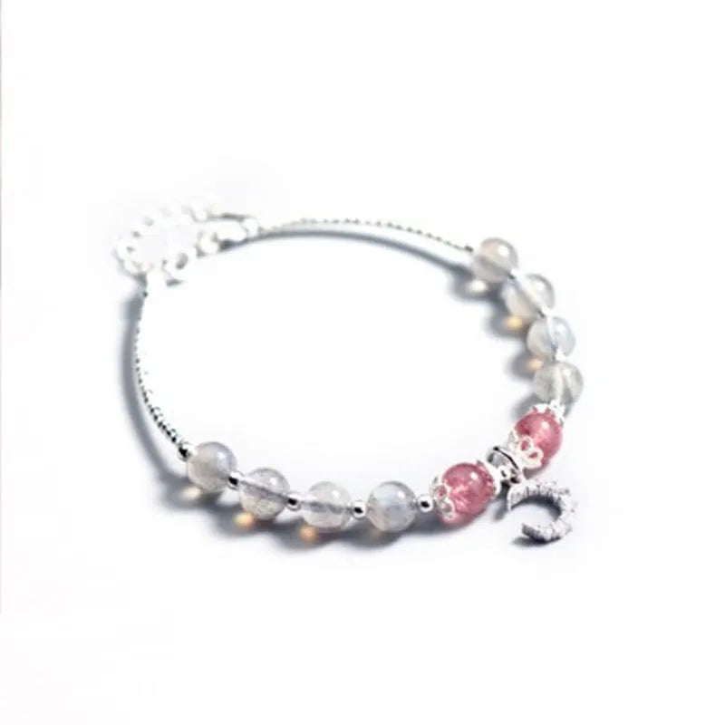 Natural moonstone handmade bracelet with adjustable clasp and crescent moon charm