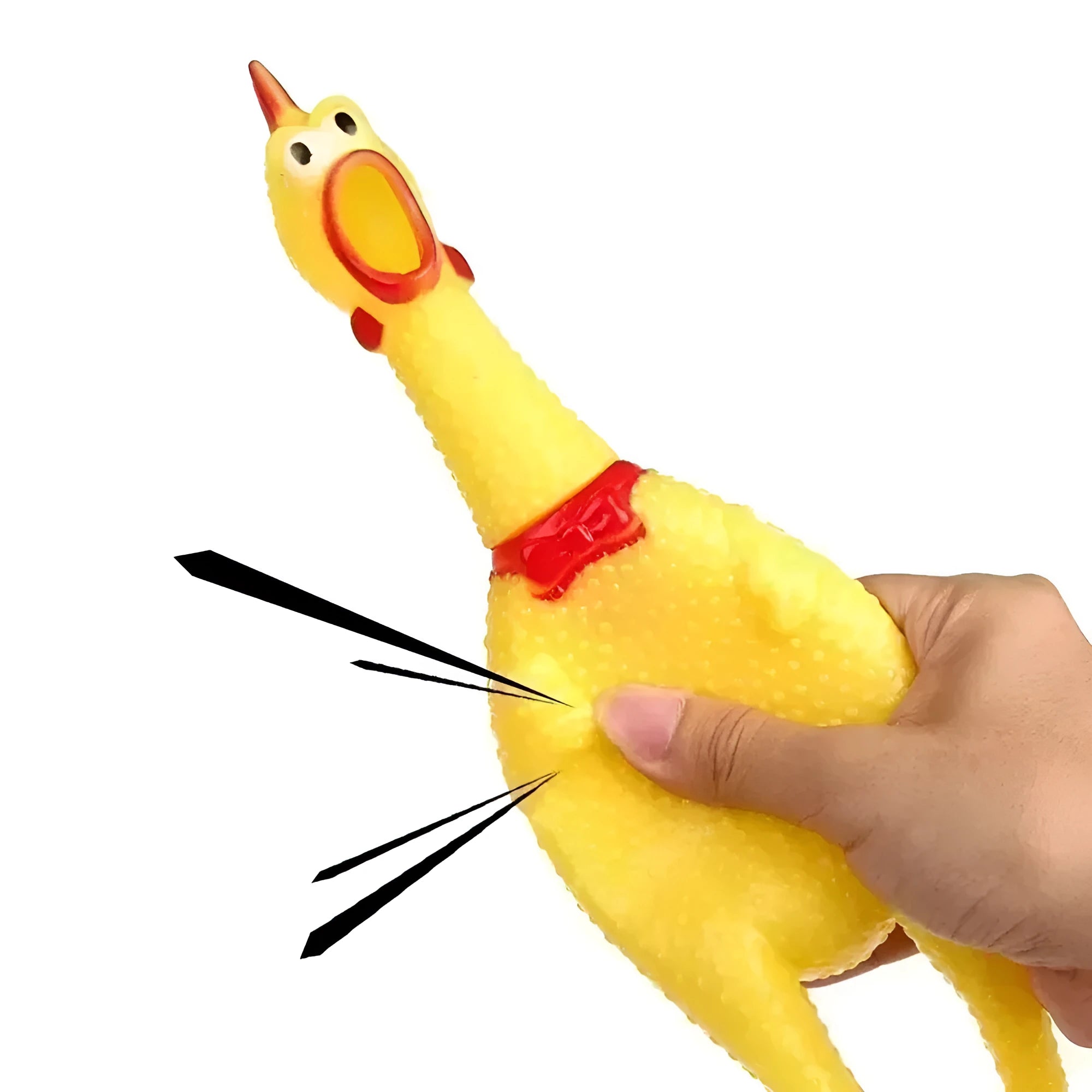Yellow rubber screaming chicken dog squeak toy shown in three different sizes