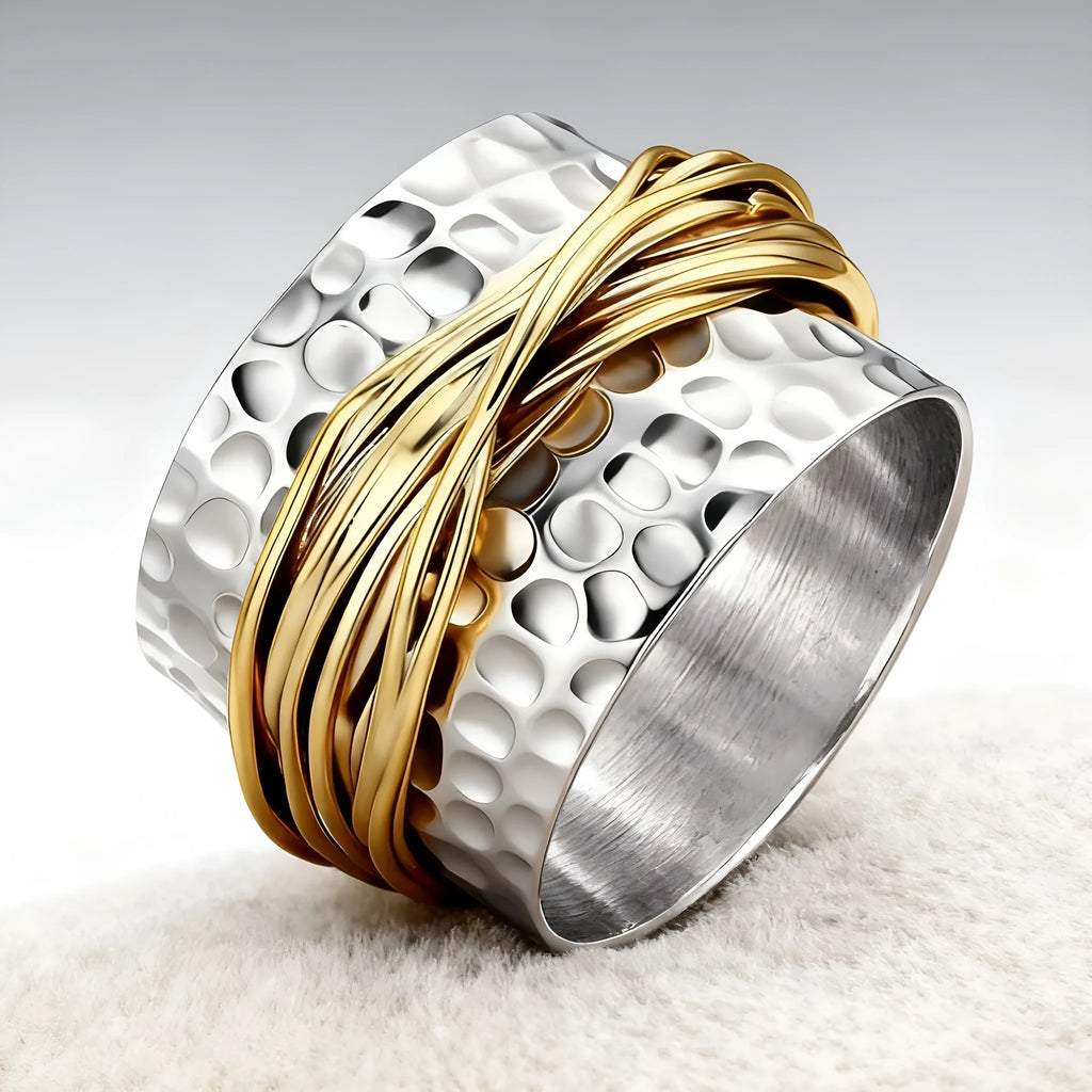 Two-tone hammered metal coil ring in alloy, sizes 6 to 10, electroplated finish