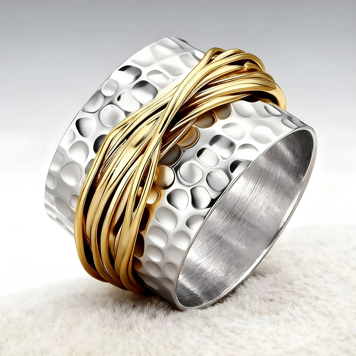 Two-tone hammered metal coil ring in alloy, sizes 6 to 10, electroplated finish