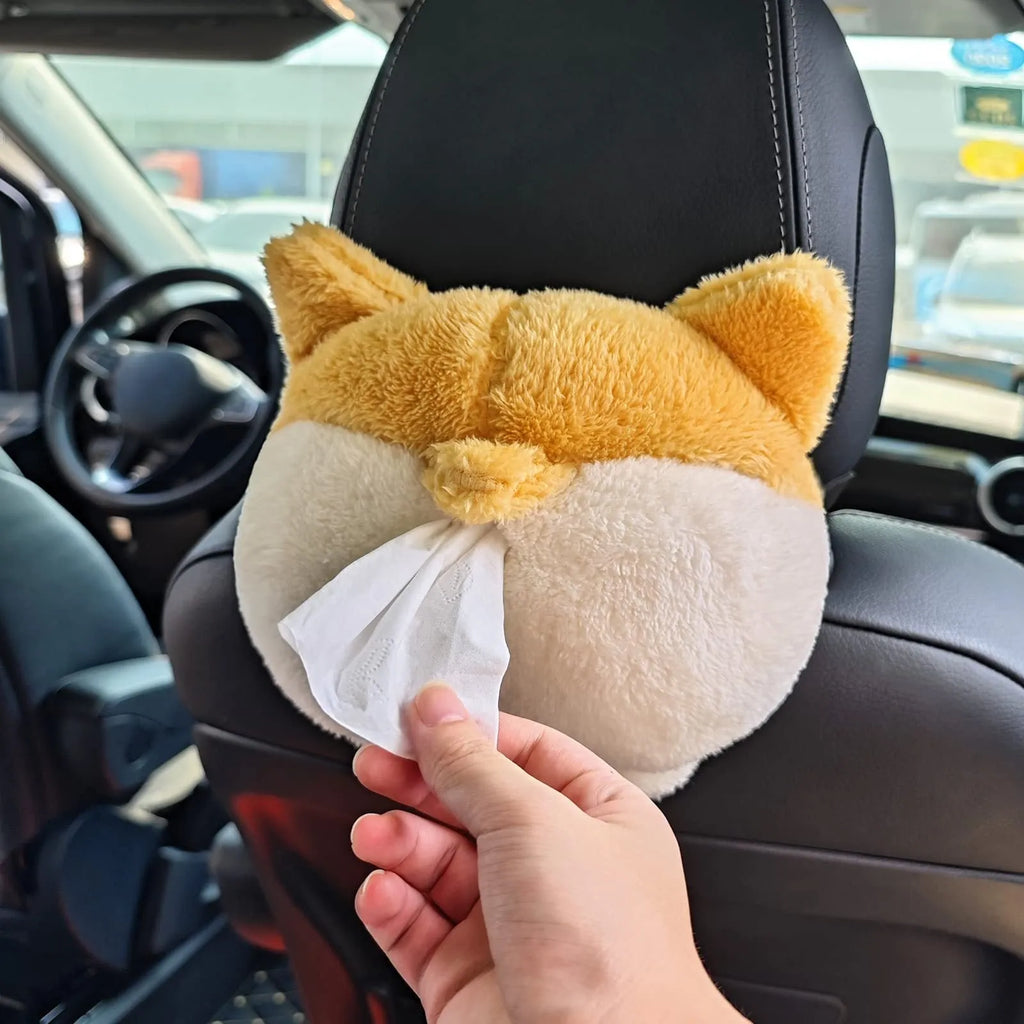 Yellow corgi butt-shaped soft pouch tissue box cover with elastic strap for car visor.